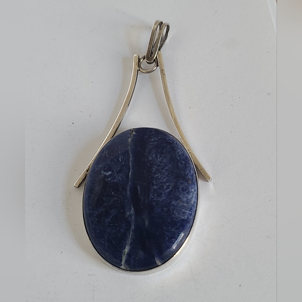 Vintage Boho Blue Sodalite Gemstone Oval Geometric Sterling Silver Large Pendant